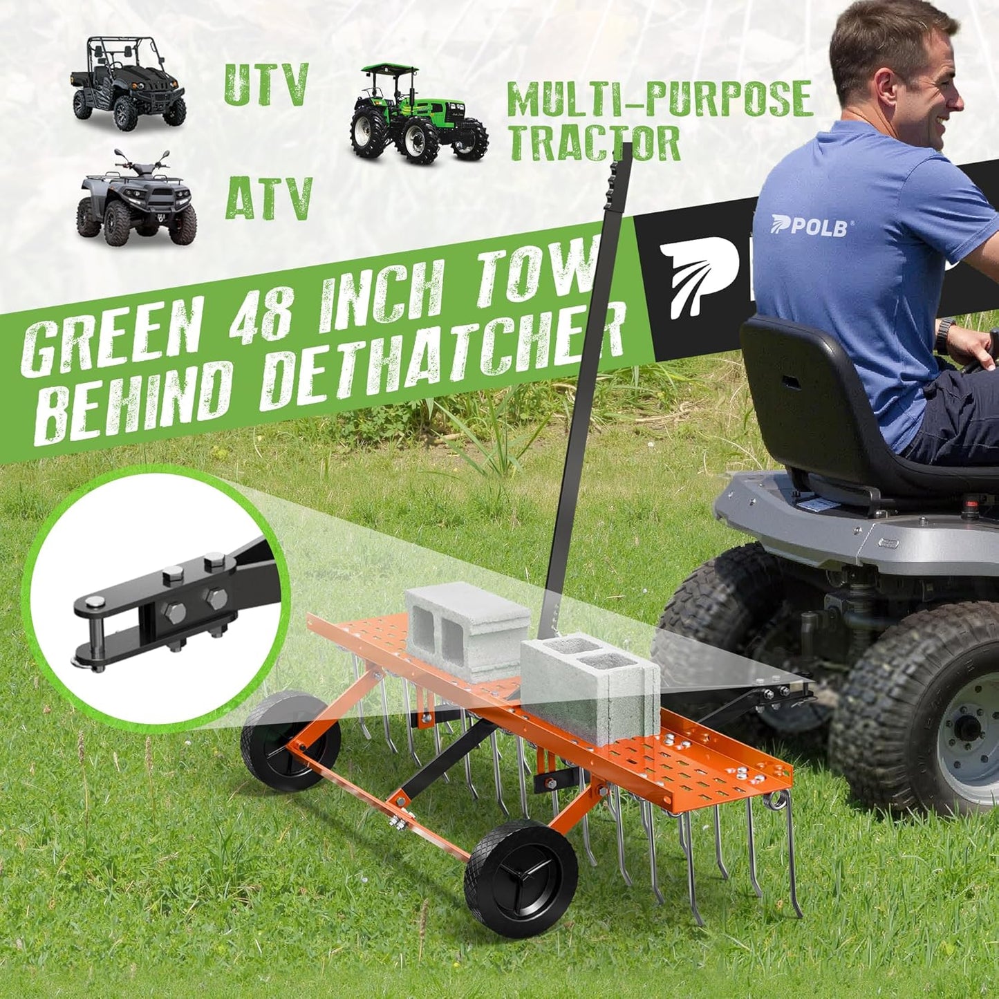 48" Tow-Behind Dethatcher with 24 Spring Steel Tines, Pull Behind Lawn Tractor Mower Grass Rake for Yard, Garden, and Farm Care – Removes Thatch, Leaves, and Pine Needles-Orange