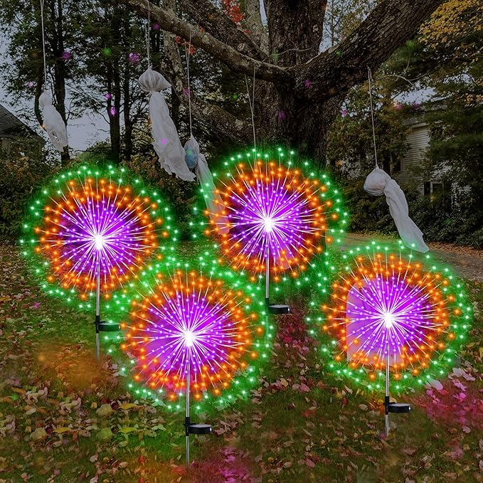 Halloween Decorations Outdoor 4 Pack Colored Solar Firework Lights with 180 LED Halloween Solar Lights 8 Modes Green Orange Purple Outside Lights for Yard Pathway Patio Garden Party Decorations
