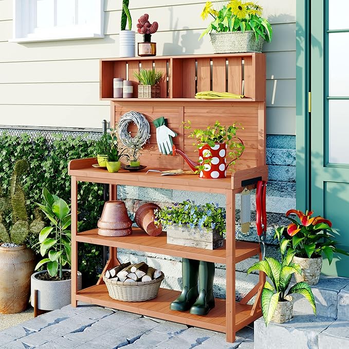 Large Wooden Farmhouse Rustic Outdoor Potting Bench Table, Patio Workstation, Garden Potting Bench with 4 Storage Shelves and Side Hook Lower Storage Shelf for Patio, Deck, Porch (Natural, 65inch)