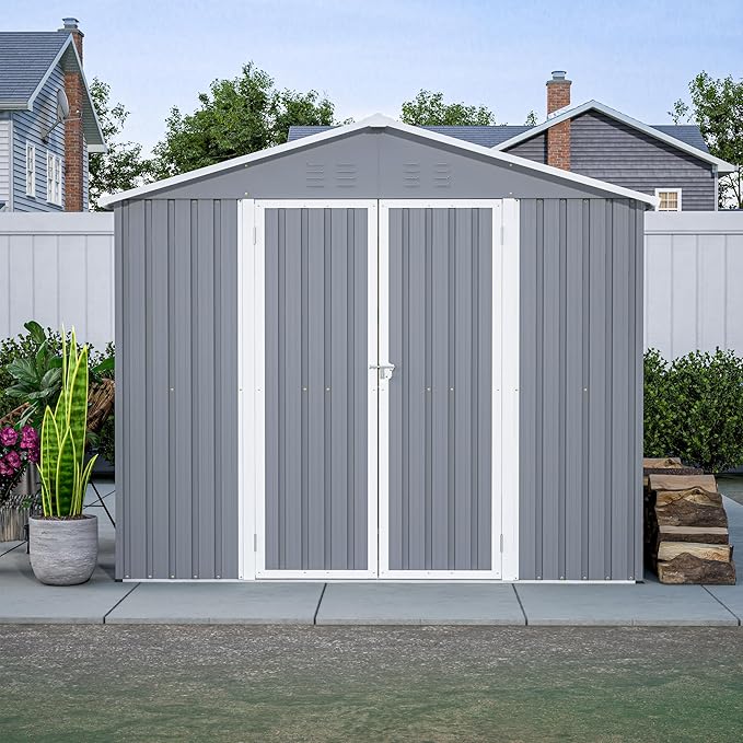 8×12 FT Storage Shed with 1 Lockable Door and Vents,Metal Aluminum Waterproof Tool Sheds,Heavy-Duty Sheds Unit W/Floor Frame,Lock & Key,Garden Shed for Storing Bicycles,Barbeques,Gray