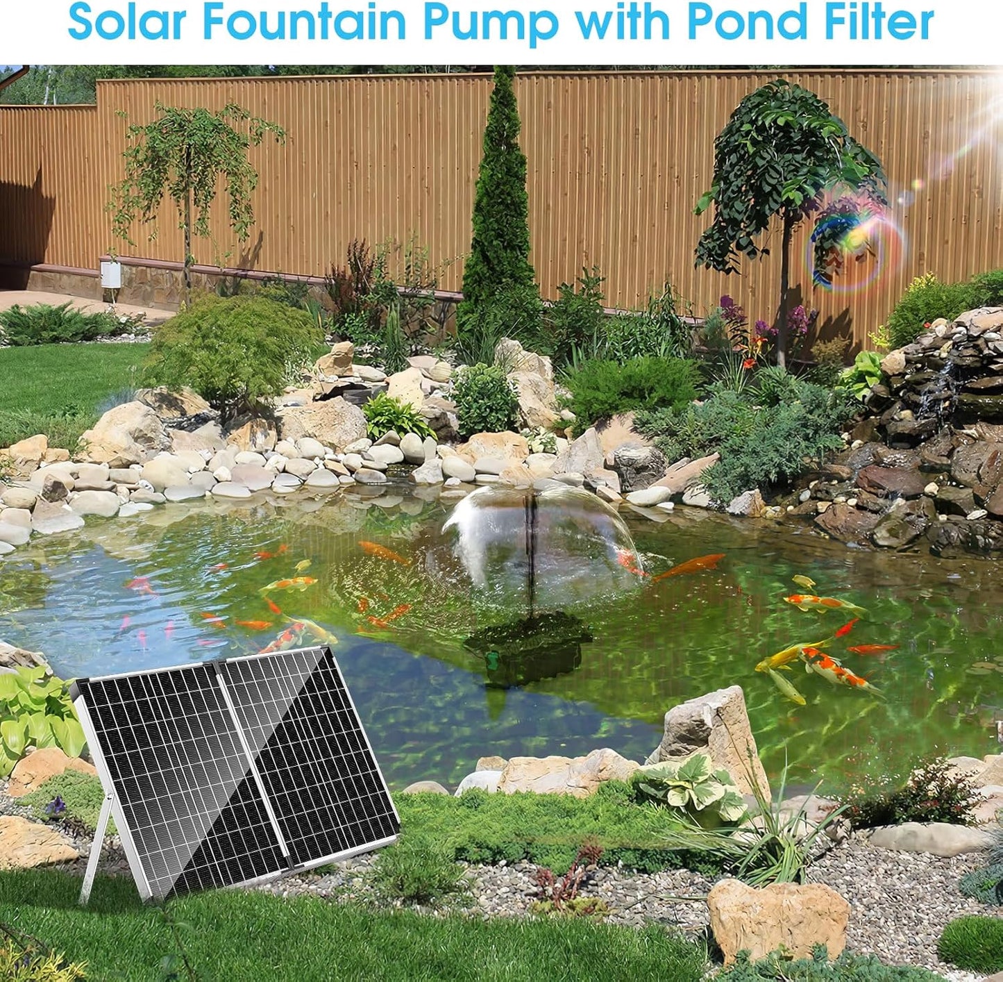 POPOSOAP 40W Solar Fountain Pump with Pond Filter, Solar Pond Filter with 480GPH Adjustable Flow, Pond Filters for Outdoor Ponds Pool Waterfall Koi Pond Water Features