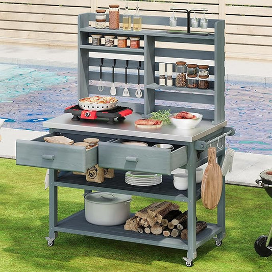 Polibi 64.9"H Outdoor Potting Bench Table with Lockable Wheels,Solid Fir Wood Outdoor Kitchen Island with Upper Hutch,Stainless Steel Top,Towel Rack,Outdoor Storage for Grilling,Lawn Garden(Grey Blue)