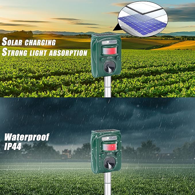 Lulu Home 2 Packs Ultrasonic Animal Repeller, Weatherproof Solar Powered Rodent Repeller with Motion Activated Flashing LED Light, Repel Dogs, Cat, Squirrels, Raccoon, Rabbit, Fox & More