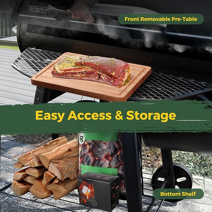 Brand-Man Charcoal Grill Offset Smoker, Heavy-Duty Barrel BBQ Grill Smoker Combo with Side Fire Box for Outdoor Patio and Backyard Cooking