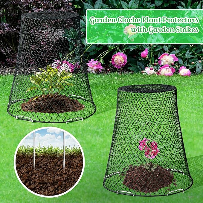Therwen 15 Pcs Large Chicken Wire Cloche Plant Protector Cover 11x12 Inch Metal Garden Cloche Dome for Plants Wire Protection Basket with Garden Stakes Plant Cages from Animals (Black)