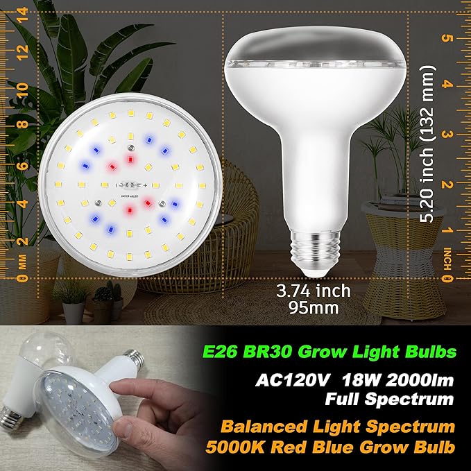 BR30 Grow Light Bulbs 18W 2000lm Full Spectrum Plant Happy Light Bulb 200W Equivalent E26 Base Balanced Spectrum 5000K Red Blue Grow Bulb for Indoor Plants Hydroponic Greenhouse Garden, 1 Pack