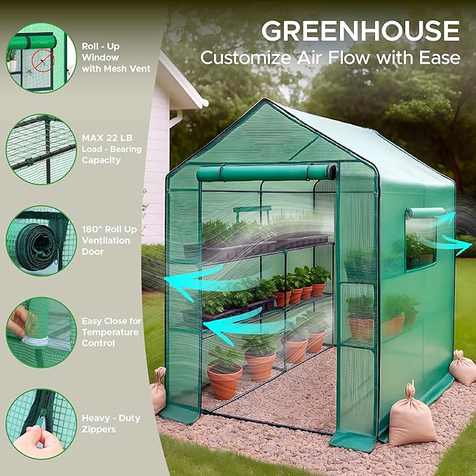 Elly Walk-in Outdoor Greenhouse with Durable PE Cover 56 x 56 x 76 Portable Green House with 2 Mesh Side Windows, Shelf Clips, 3 Tier 8 Shelves Heavy Duty, Plant House with Roll-up Zipper Door