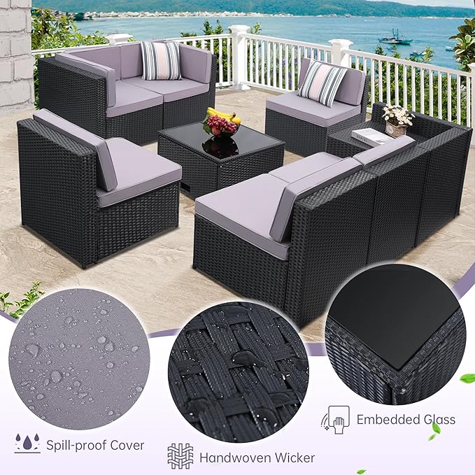 8 Pieces Outdoor Wicker Rattan Patio Furniture Sectional Set, Glass Top Table with Hidden Storage, 7 Sofa Sections, Oversized Cushions, Black Color Rattan with Light Grey Cushion