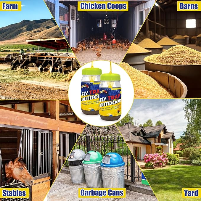 Glovv 2 Pack Reusable Fly Traps Outdoor for Patio with Bait Refill, Haning Fly Jar Trap Gnat Catcher Killer for Outside, Filth Flies Insect Bug Control to Repellent Fruit Fly for Ranch, Yard