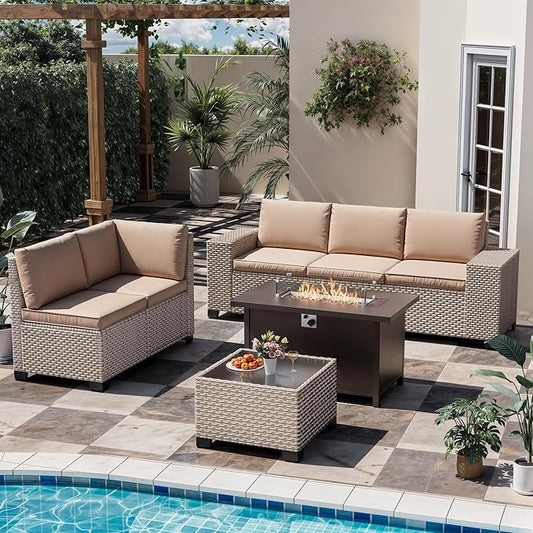 7 Pieces Patio Furniture Set with Propane Fire Pit Table, Outdoor Sectional Wicker Sofa with Cushions and Coffee Table, High Back Rattan Patio Conversation Sets, Khaki