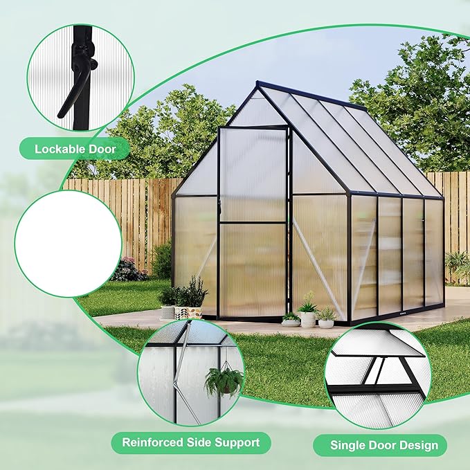 Aluminum Polycarbonate Greenhouse for Outdoors, Large Walk-InGreenhouse With Quick Setup Structure and Roof Vent, Greenhouse With Ventilation