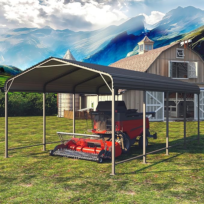 12x20 FT Car Port, Heavy Duty Canopy with Updated Roof & Enhanced Base, Multi-Use Metal Carport Garage for Car, Truck, Boat, Tractors, Party, Grey
