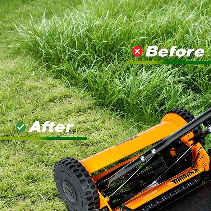 Walensee 16-Inch 5-Blade Push Reel Lawn Mower, Cordless Manual Reel Lawn Mower Walk-Behind Steel Lawn Mowers with Removable 7.9-Gallon Grass Catcher, Sponge Grip, 4-Position Cutting Height Adjustment