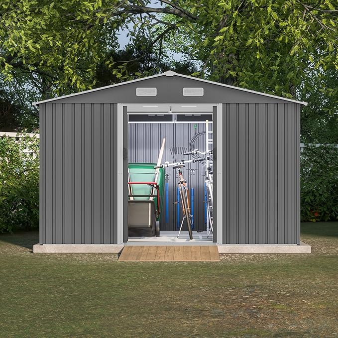 10X8 FT Outdoor Storage Shed, All Weather Metal Sheds with Lockable Doors, Tool Shed for Garden, Patio, Backyard, Lawn (Grey with Floor Frame, 10x8ft)