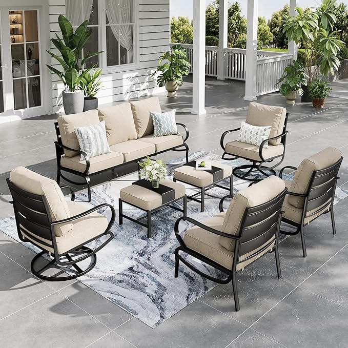 Sophia & William Patio Furniture Sets for 7 Outdoor Conversation Set 7 Pcs with 2 x Swivel Chairs, 2 x Armrest Sofa Chairs, 1 x 3-Seat Sofa, 2 x Ottomans for Coffee Garden Backyard Poolside Beige