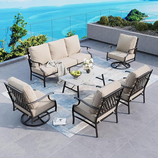 6 Piece Metal Outdoor Patio Furniture Set, Patio Conversation Sets 1 3-seater Sofa, 2 Swivel Chair, 2 Leg Chair with 5.75" Thick Cushion and Coffee Table, Backyard Furniture Set, Beige