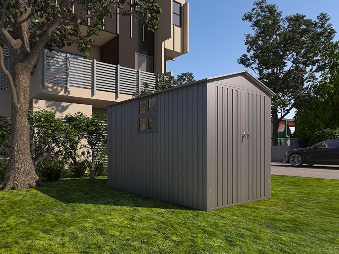 Motorcycle Steel Storage Shed with Window,Outdoor Weather-Resistant Storage Box for Bikes, Tools, Sports Equipment,Easy Assembly, No Tracks or Fixtures Needed, 121" W Gray