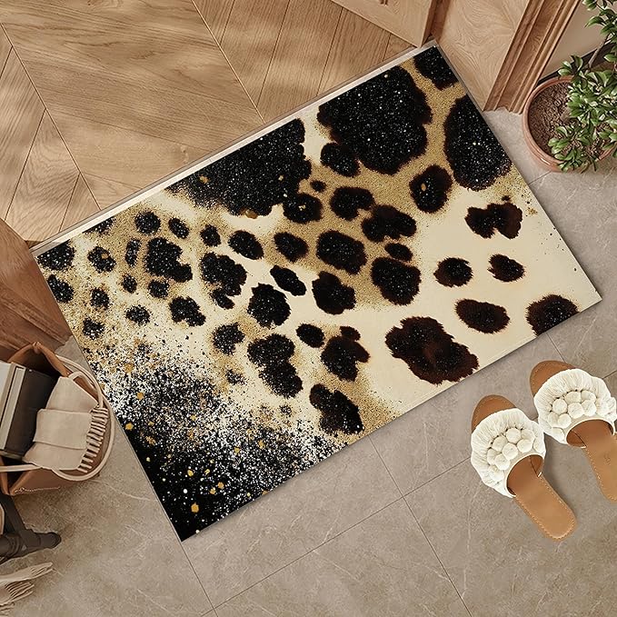 Front Door Mat,Brown Leopard Doormat Outside Entrance,Non-Slip Gold Glitter Entryway Rug for Porch Patio, Felt Low Profile Welcome Mat Indoor for Hallways, 30 x 17 Inch