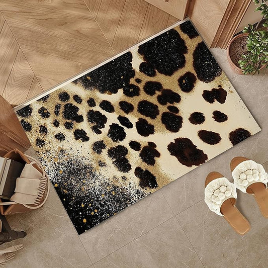 Front Door Mat,Brown Leopard Doormat Outside Entrance,Non-Slip Gold Glitter Entryway Rug for Porch Patio, Felt Low Profile Welcome Mat Indoor for Hallways, 30 x 17 Inch