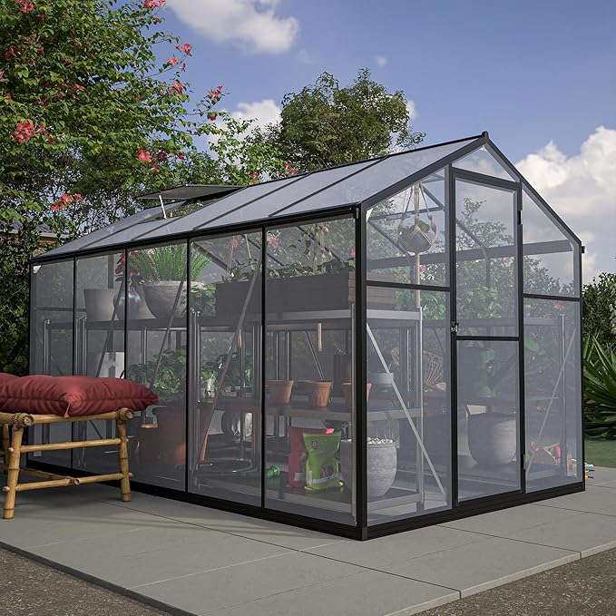6x10 FT Greenhouses for Outdoors,Heavy Duty Polycarbonate Greenhouse,Lockable Walk-in Green House Sunroom w/ Roof Vent,Aluminum Hot House for Garden Plants Backyard Patio,Black