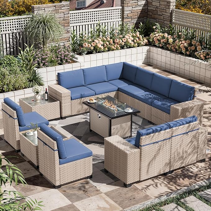 13 Pieces Patio Furniture Set with Fire Pit Table, Outdoor Sectional Wicker Sofa with Thickened Cushions and Coffee Table, High Back Rattan Patio Conversation Sets, Navy