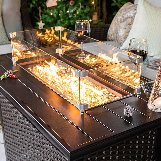 Nuu Garden Outdoor 43 Inch 50,000 BTU Propane Gas Fire Pit Table, Aluminum Tabletop and PE Rattan Weaved Steel Frame, Water-Proof Oxford Cover, Glass Fire Pit Wind Guard, Glass Beads, Lid, Dark Brown