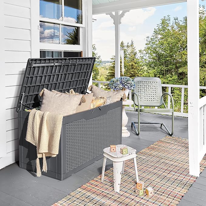 Devoko 97 Gallon Deck Box, Waterproof Resin Outdoor Storage Box for Outside and Patio, Large Outdoor Storage Bench Cabinet Lockable for Patio Furniture, Garden Tools and Pool Supplies (Gray)