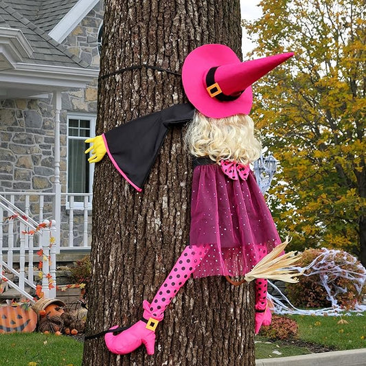 53" Crashing Witch Halloween Decoration - Funny Pink Witch Tree Prop for Yard, Porch, Door, Fence, Patio, Lawn, Garden - Indoor & Outdoor Hanging Halloween Decor