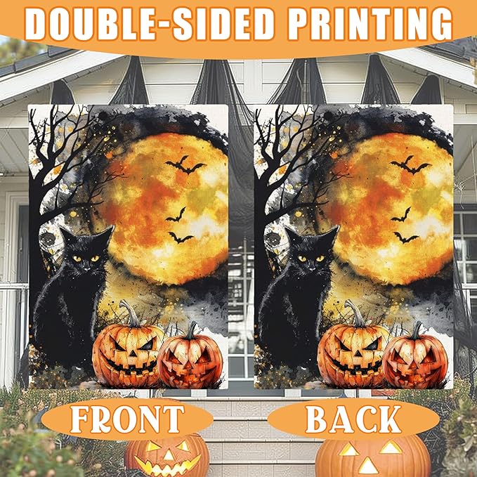 Black Cat Halloween Garden Flag for Outside, 12x18 Inch Double Sided Halloween Black Cat Pumpkin Bats Yard Flag, Farmhouse Small Yard Flags for Outdoor Decorations, Holiday Decor Gifts-A15