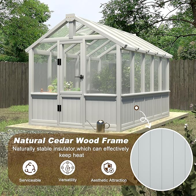 BlueWish 6x10 FT Greenhouse for Outdoors, Walk-in Green House with Cedar Frame, Adjustable Vent, Wood Greenhouses with 6MM Polycarbonate Panel, Greenhouse for Outside, Garden, Backyard, White