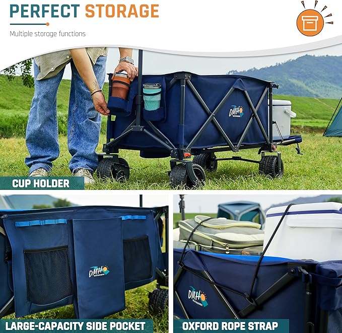 53.5" Extra Long Collapsible Wagon with Tailgate, 325lbs Heavy Duty Utility Folding Cart with All-Terrain 8"x 4.25" Big Wheels and Brakes, Foldable Beach Wagon for Garden Sports Camping Shopping