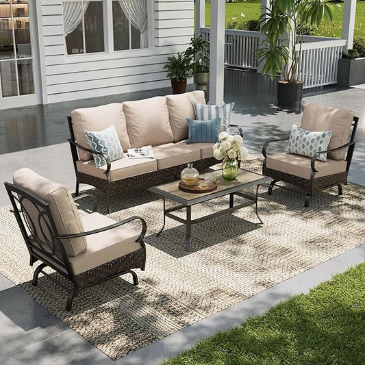 Sophia & William Metal Patio Furniture Set, 5 Seats Outdoor Conversation Set with 3-Seater Sofa, 2 Motion Chairs, 1 Coffee Table for Seating Lawn Porch Backyard,Beige