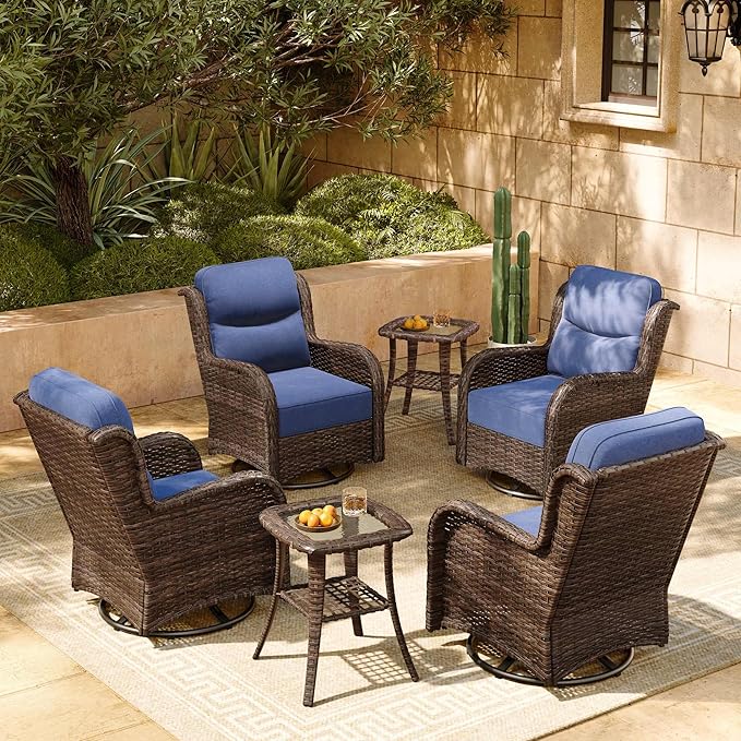 HILLGA Luxury Patio Furniture Set with 6-inch Thick Cushion, Outdoor High Back Swivel Rocker Patio Chairs, 6PCS Wicker Conversation Set for Deck Yard and Poolside, Blue (V2)