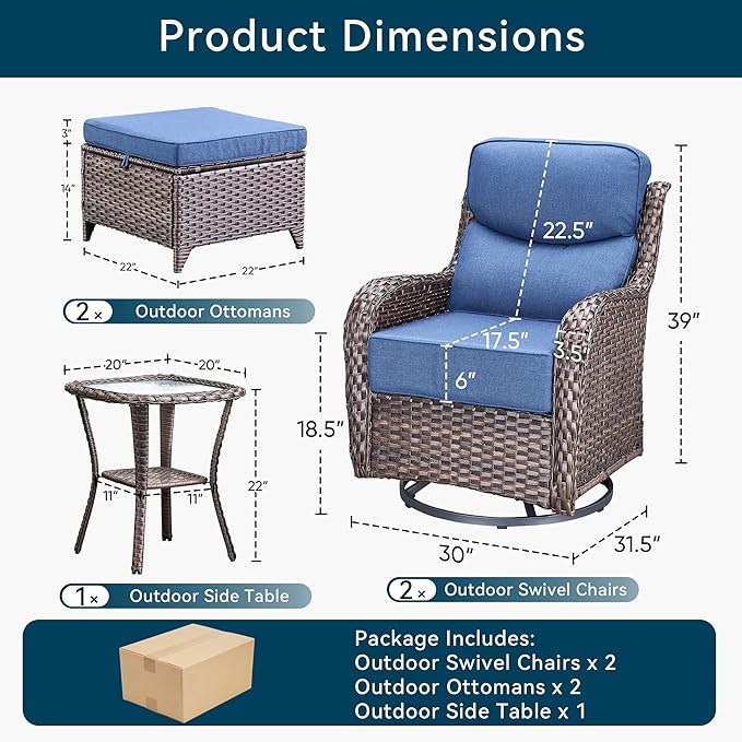 Luxury High Back Outdoor Furniture with 6-Inch Thick Cushions, Patio Furniture Set with Ottomans, 5 PCS Wicker Conversation Set for Porch, Balcony, Deck and Yard