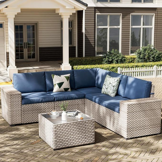 6 Pieces Patio Furniture Set, Outdoor Sectional Wicker Sofa with Thickened Cushions and Coffee Table, High Back Rattan Patio Conversation Sets for Garden Backyard, Navy