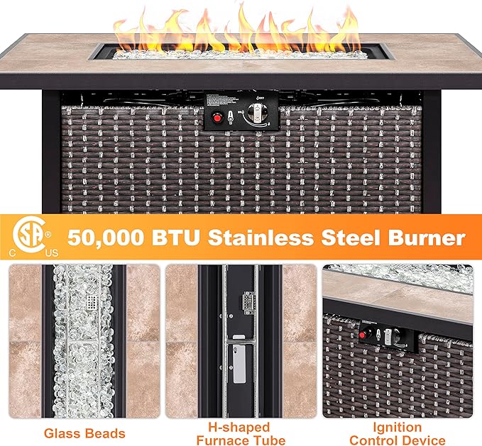 Nuu Garden Outdoor 43 Inch 50,000 BTU Propane Gas Fire Pit Table, Propnae Fire Pit with Ceramic Tabletop, Oxford Cover, Dark Brown and Coffee