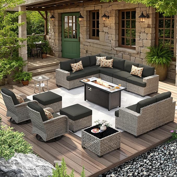 HOOOWOOO Outdoor Sectional Patio Furniture Set with Fire Pit Table,15 Pieces Wicker Conversation Sets L Shaped Couch,Extra Deep Out Door Sofa Outside Furniture with Swivel Chairs Ottomans,Black
