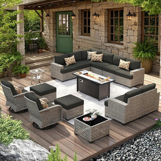 HOOOWOOO Outdoor Sectional Patio Furniture Set with Fire Pit Table,15 Pieces Wicker Conversation Sets L Shaped Couch,Extra Deep Out Door Sofa Outside Furniture with Swivel Chairs Ottomans,Black