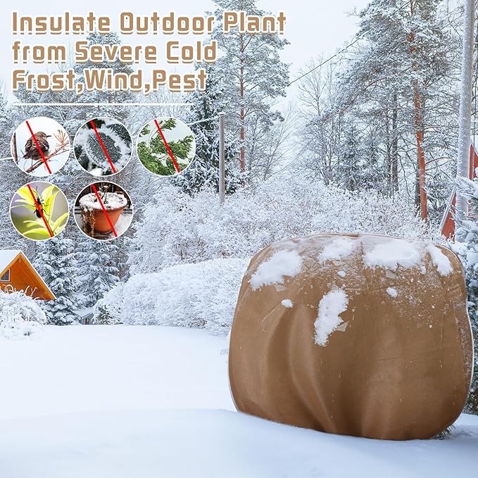 12 Pcs Winter Plant Covers Freeze Protection 39.4 x 39.4 Inch Horizontal Shrub Tree Rose Plant Protection Bags Frost Blanket with Drawstring for Fall Winter Outdoor Garden Planting, Brown