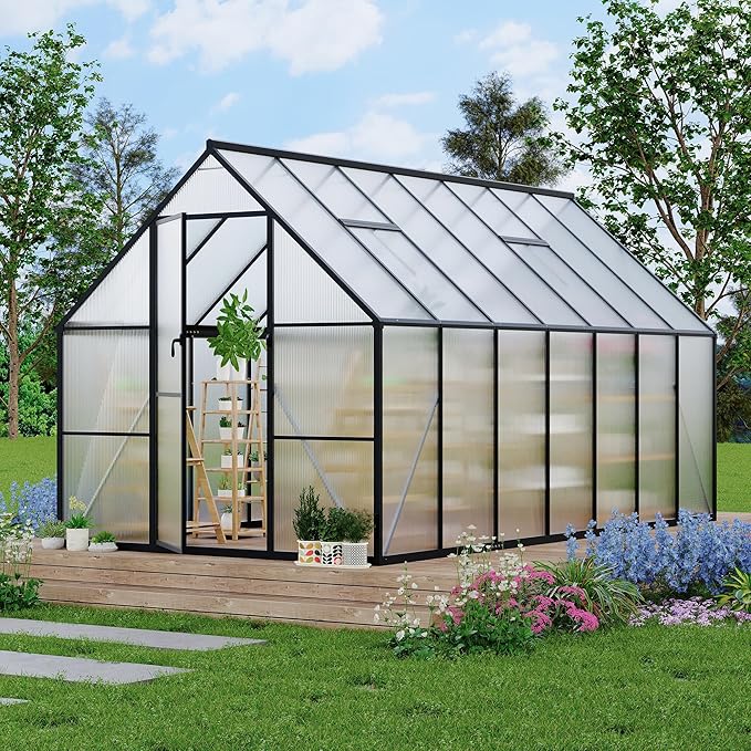 8'x14' Aluminum-Framed Polycarbonate Greenhouse, Heavy Duty Polycarbonate Greenhouse With Quick Setup Structure and Roof Vent, Large Enhanced Aluminum GreenhouseKit for Outdoors