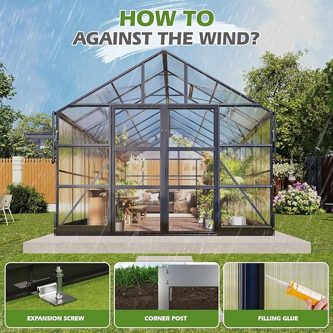 AMERLIFE 10x14x8.4 FT Polycarbonate Greenhouse, Heavy-Duty Aluminum Frame Outdoor Greenhouse with 4 Roof Vents & Rain Gutters for Backyard Garden, Black