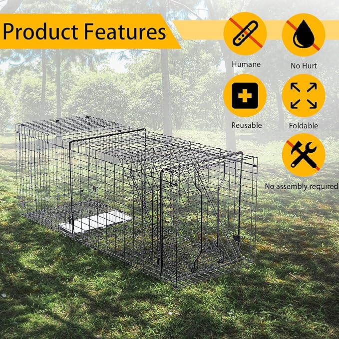 Heavy Duty Live Trap 37x13x14.5 Inch Steel Collapsible with Humane Trap Release Door for Stray Cats, Raccoons, Skunks, Groundhogs, Armadillos and Other Live Animals.