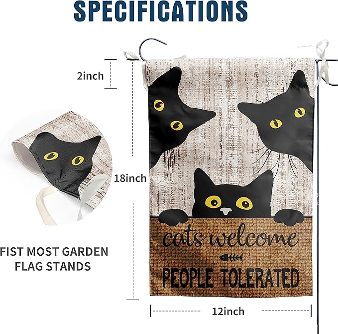 Black Cat Garden Flag Cats Welcome People Tolerated Sign Flag Halloween Banners for Outside 12 X 18 Double Sided Cat Lovers Gifts for Women