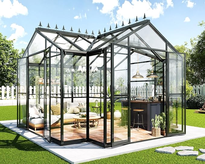 Jocisland 12x10x8 FT Greenhouse for Ourdoors, Quick-Connect Fittings, Aluminum Frame with 2 Vents, 2 Doors, and Walk-in Design for Garden or Backyard, Black