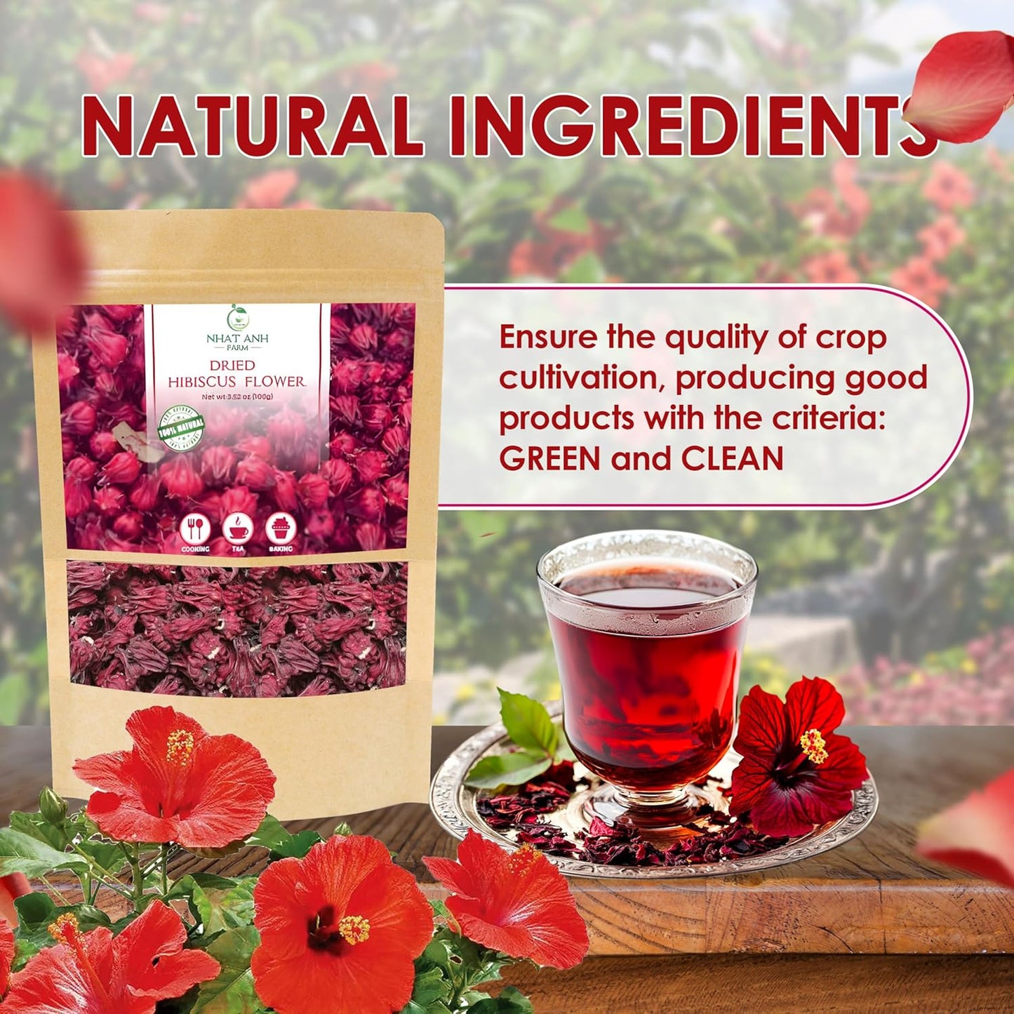 NhatAnhFarm, Dried Hibiscus. 100gr Natural Dried Hibiscus, 100% Natural & Pure, Sugar/Caffeine/Gluten Free. The Perfect Ingredient For Making Tea, Baking, And Effective Deodorizing