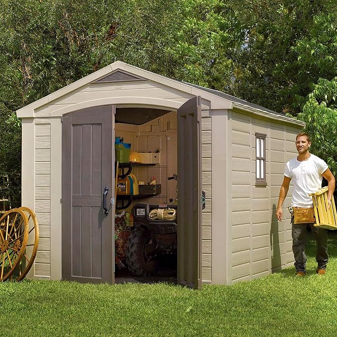 Keter Factor 8 x 11 Foot All Weather Resin Outdoor Storage Shed with 2 Shelves Included and Built-in Ventilation for Backyard Organization, Taupe
