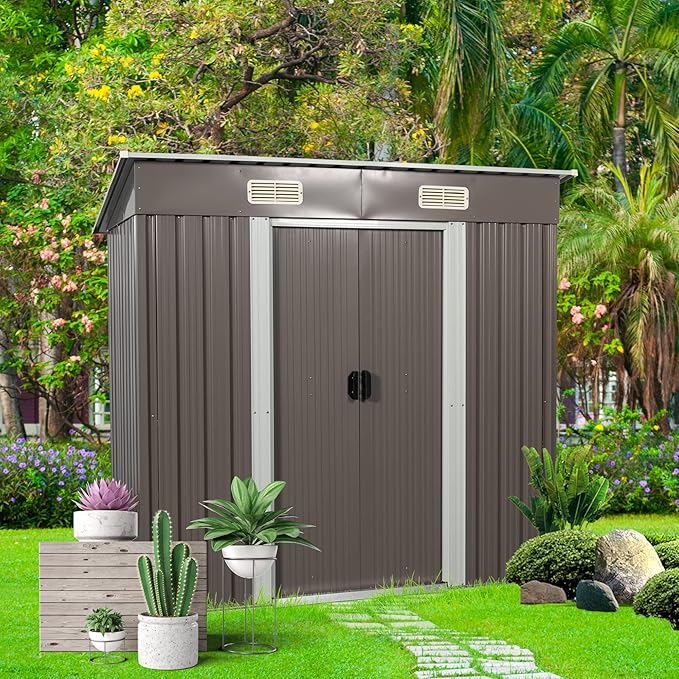 6X4 FT Outdoor Storage Shed, Waterproof Metal Garden Sheds with Lockable Door, Steel Tool Storage Buildings Shed & Outdoor Storage House for Garden, Backyard, Patio, Lawn, Trash Cans(Gray)