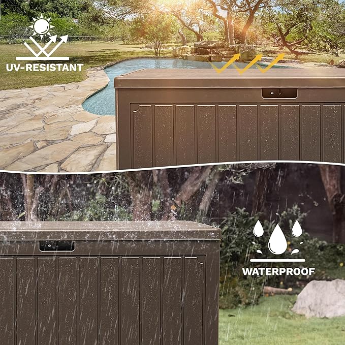 DWVO 90 Gallon Resin Outdoor Storage Box, XXL Double-Wall Waterproof Deck Box, Doubles as Table or Seating with 450 lbs Capacity, Lockable (Brown)