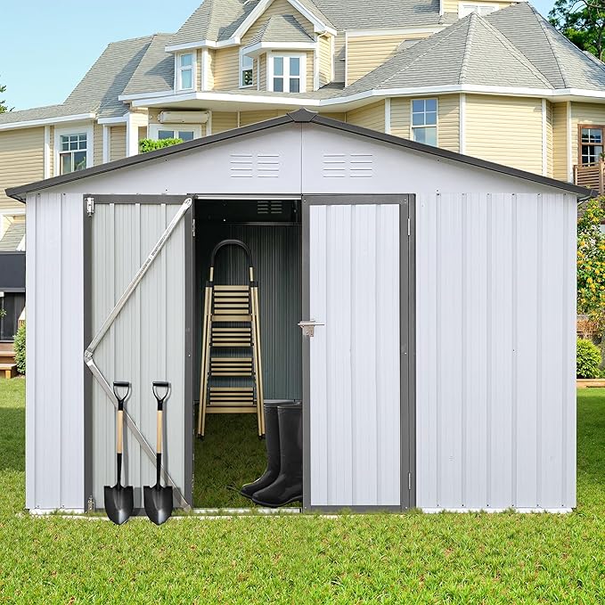 10x12 FT Outdoor Storage Shed, Metal Tool Shed with Lockable Doors & Peaked Roof, Garden Shed with Vented Design for Backyard Garden Patio Lawn, White+Gray