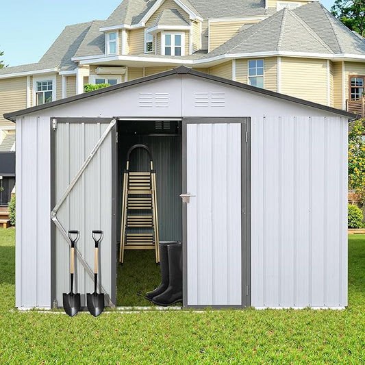 10x12 FT Outdoor Storage Shed, Metal Tool Shed with Lockable Doors & Peaked Roof, Garden Shed with Vented Design for Backyard Garden Patio Lawn, White+Gray